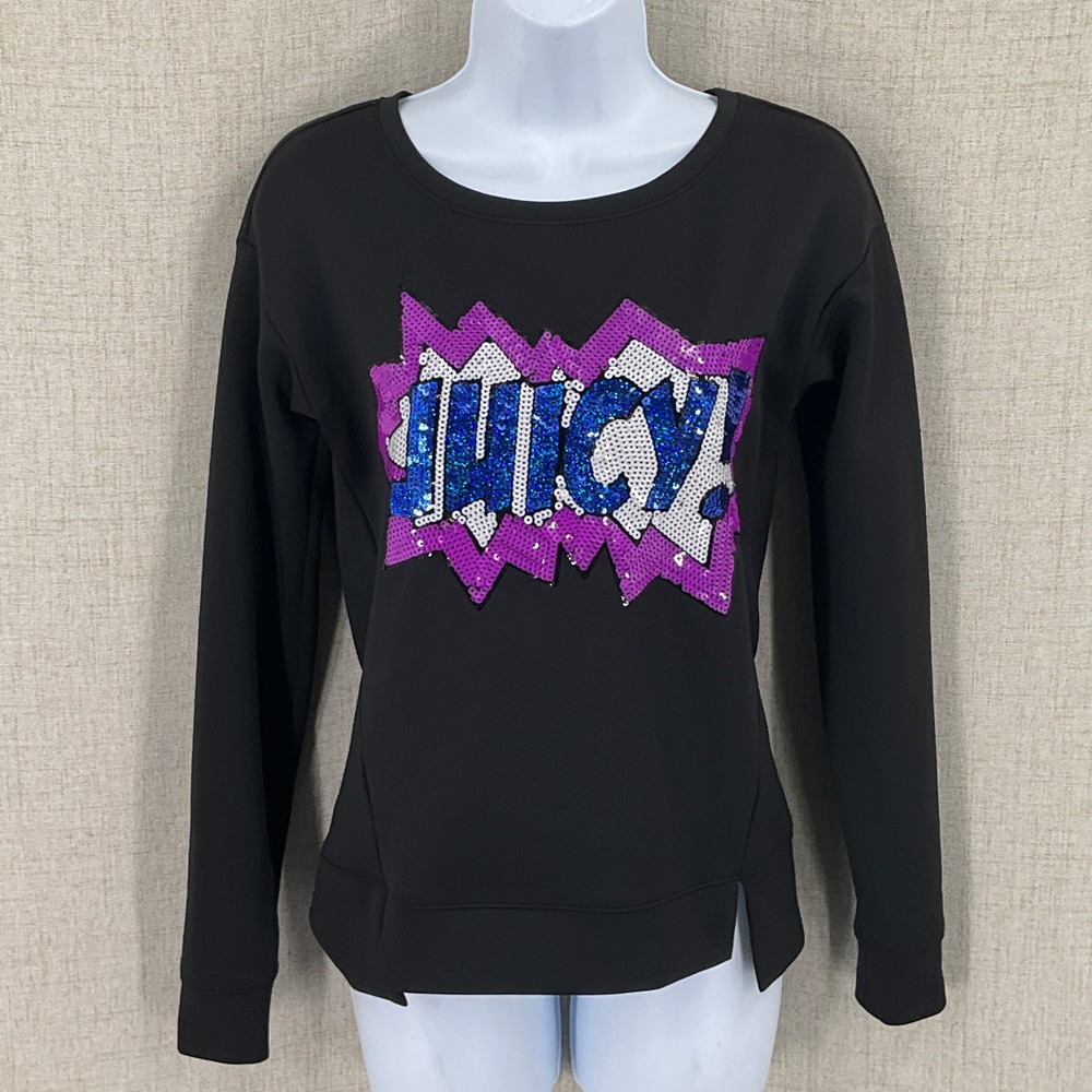 Juicy Couture Sweatshirt Women XS Black Sequin Logo Y2K Designer Classic Pop Art